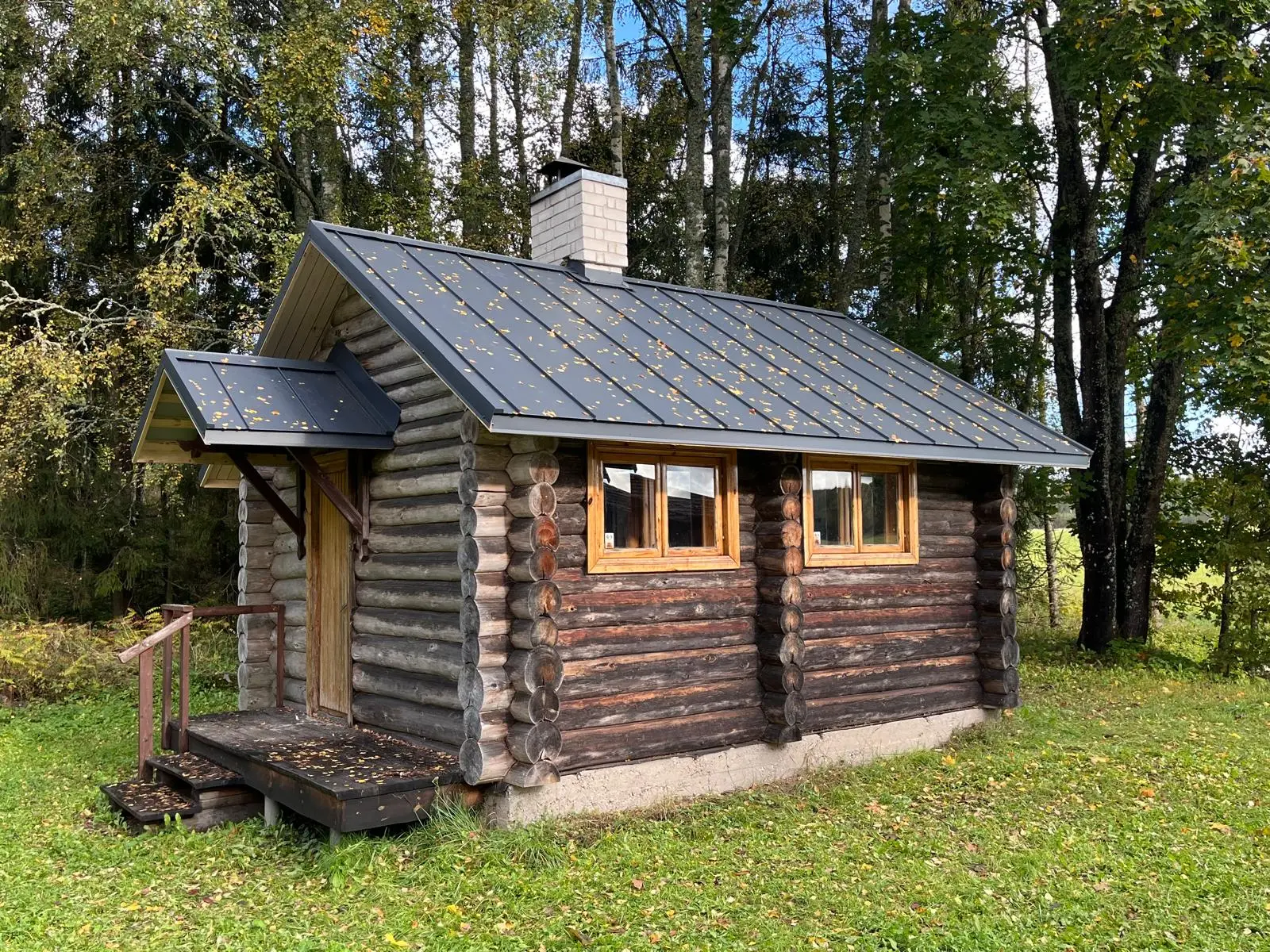 Palksaun uue tumeda valtsplekk-katusega sügisel